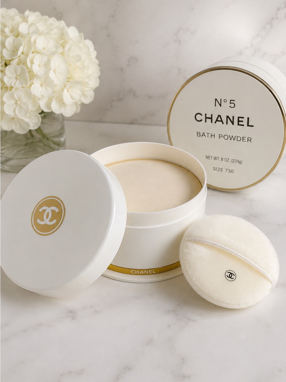 Vintage Chanel No. 5 Bath Powder Container & Puff Set Size 730